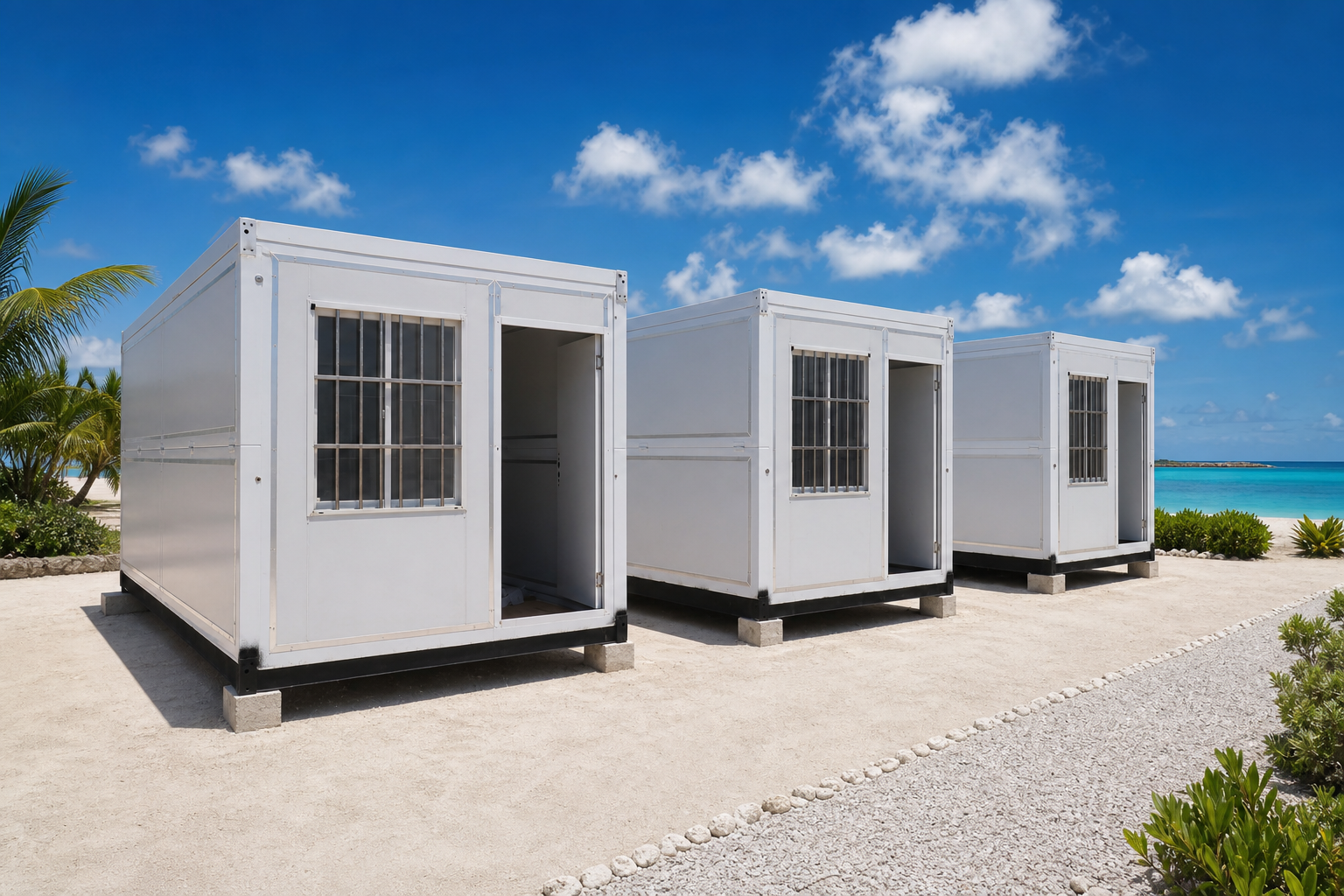 A row of CMS Foldable units along a Caribbean beachfront in San Pedro, Belize