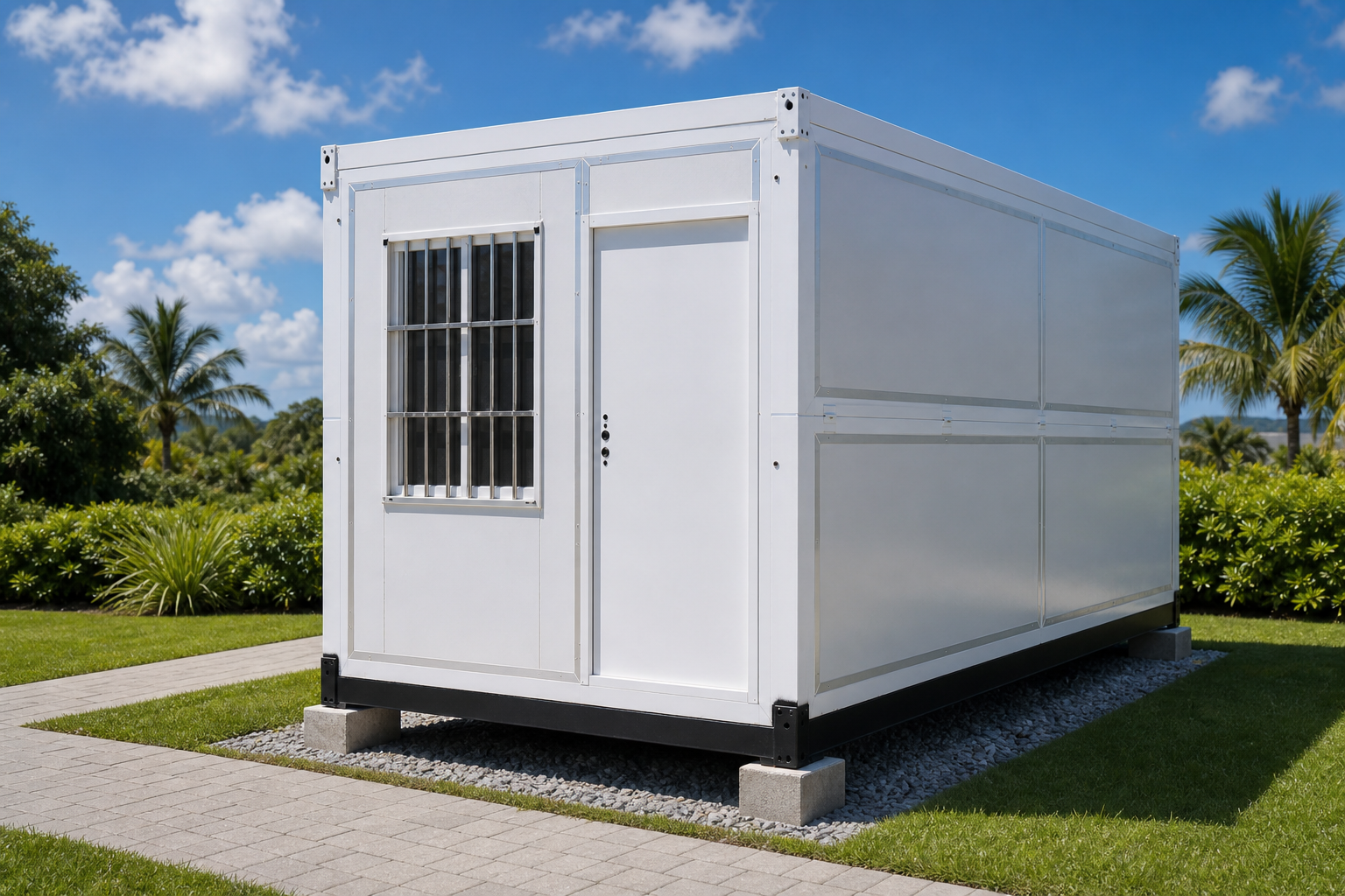 CMS Foldable unit with visible door in a landscaped setting