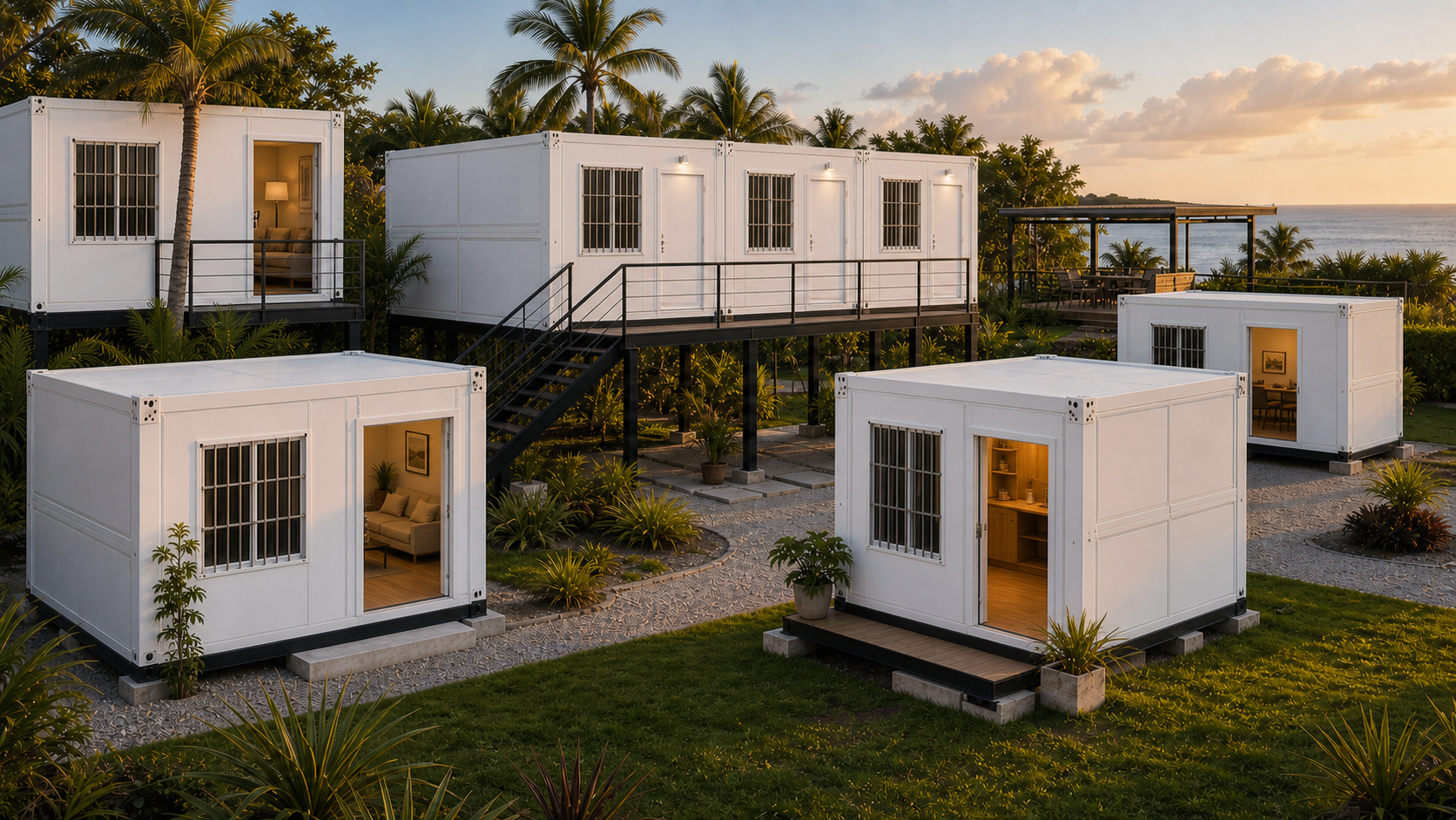 A built-out cluster of Caribbean Modular Structures at sunset